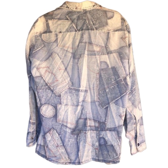🔮 1970 VINTAGE | DENIM PATCHWORK PRINT SHIRT | UNISEX | LARGE | UNIQUE! $160! - Picture 7 of 7